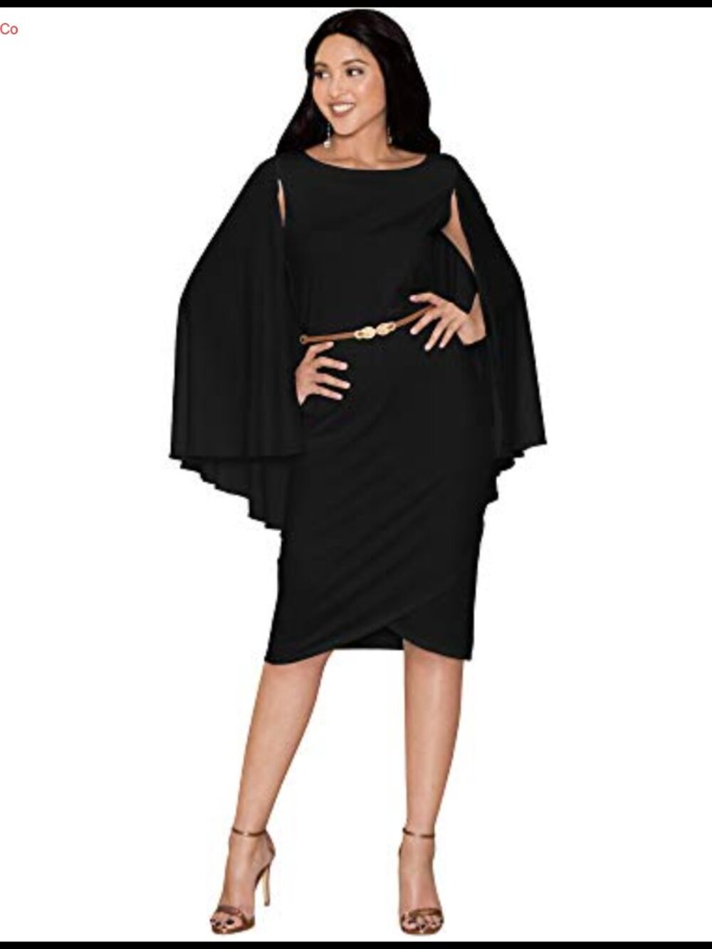 KOH KOH Cape Sleeve Round Neck Mini Dress with Leather Belt